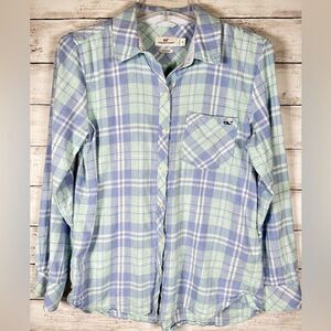 Vineyard Vines Pacific Plaid Relaxed Fit Brushed Cotton Linen Shirt Blue Size 6